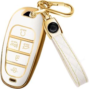 Lucrum Compatible with Hyundai IONIQ 6 Key Fob Cover & Leather Keychain, 7 Buttons TPU Keyfob Case for Santa Fe, Grandeur, KONA, Elantra (2022-2025) - White and Gold