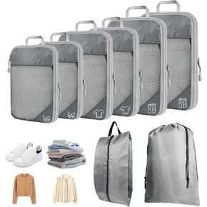 8 Set Compression Packing Cubes for Travel, Expandable Luggage Organizer with Shoe Bag & Laundry Bag - Lightweight Suitcase & Backpack Travel Essentials (Black)