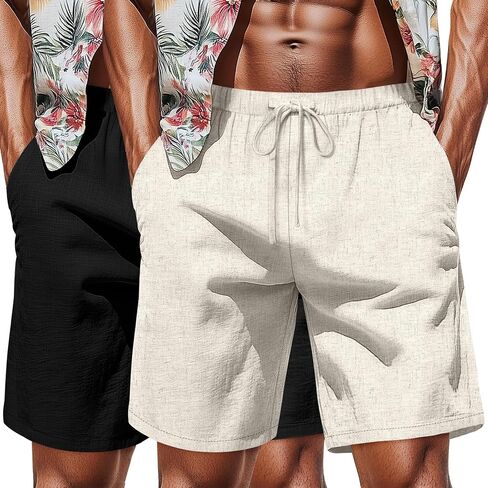 Neer 2 Pack Men's Big and Tall Cotton Linen Shorts, Casual Elastic Waist Beach Shorts Summer Drawstring Wears with Pockets in Saudi Arabia