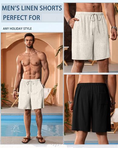 Neer 2 Pack Men's Big and Tall Cotton Linen Shorts, Casual Elastic Waist Beach Shorts Summer Drawstring Wears with Pockets in Saudi Arabia