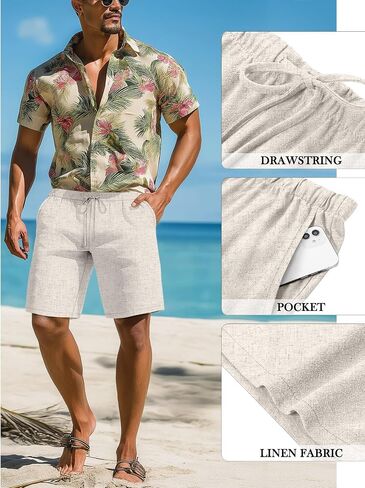 Neer 2 Pack Men's Big and Tall Cotton Linen Shorts, Casual Elastic Waist Beach Shorts Summer Drawstring Wears with Pockets in Saudi Arabia