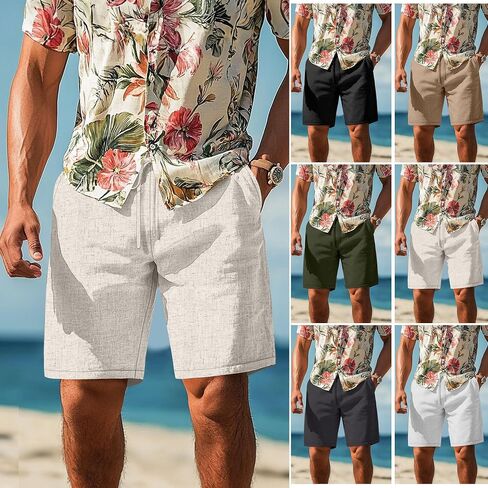 Neer 2 Pack Men's Big and Tall Cotton Linen Shorts, Casual Elastic Waist Beach Shorts Summer Drawstring Wears with Pockets in Saudi Arabia