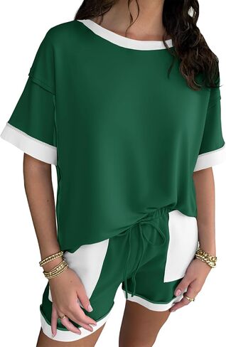 Fisoew Womens Summer 2 Piece Outfits Sweatsuits Oversized Sweatshirt Shorts Casual Color Block Lounge Set Short Sets in Saudi Arabia