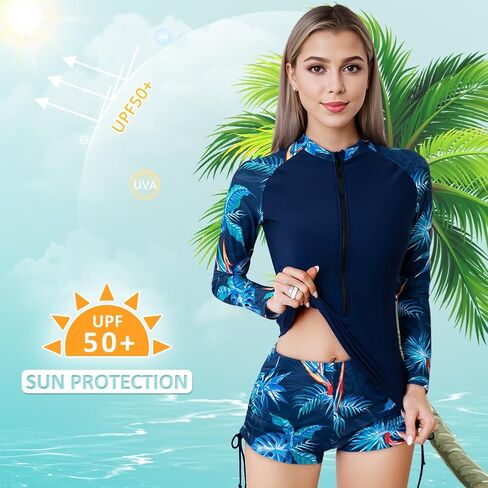 Women's Rash Guard 2 Piece Swimsuit UPF 50 Long Sleeve Zipper Swim Top with Boyshorts Surfing Swimming in Saudi Arabia
