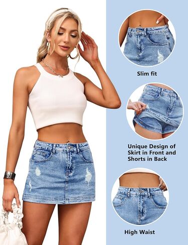 BISUAL Denim Skort for Women High Waist Ripped Mini Denim Skirt Casual Distressed Stretch Women Jean Skirt in Kuwait