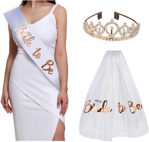 Bachelorette bride to be Veil Set - White Bridal Veil Sash Tiara Hair Bow Team Badges Brides party Accessories Kit in Saudi Arabia
