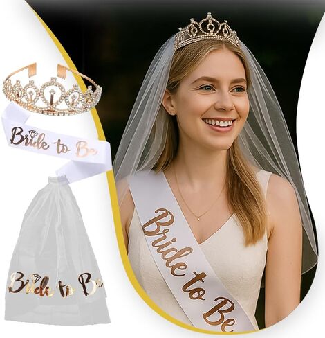 Bachelorette bride to be Veil Set - White Bridal Veil Sash Tiara Hair Bow Team Badges Brides party Accessories Kit in Saudi Arabia