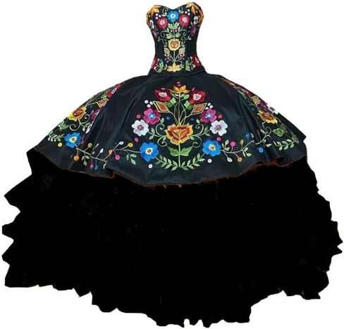 Vintage Ball Gown Flowers Embroidery Black Quinceanera Dresses Mexican Puffy Skirt Prom Sweet 16 Dress 2022 in Kuwait