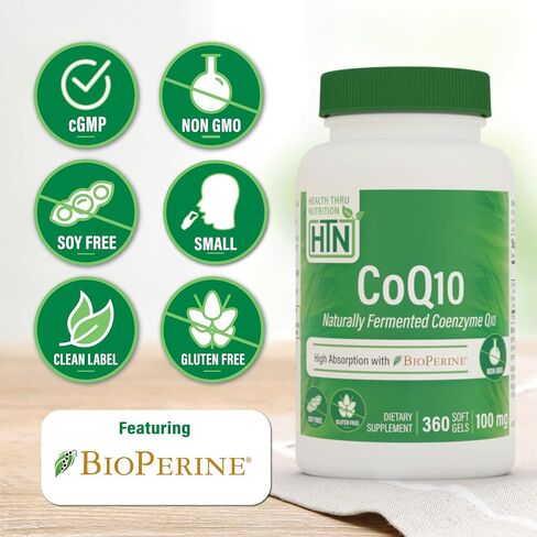 Health Thru Nutrition CoQ-10 100mg with BioPerine 120 Softgels | High Absorption Naturally Fermented USP Grade Coenzyme Q10 Supplement | 3rd Party Tested | Heart Health and Energy Support in Saudi Arabia