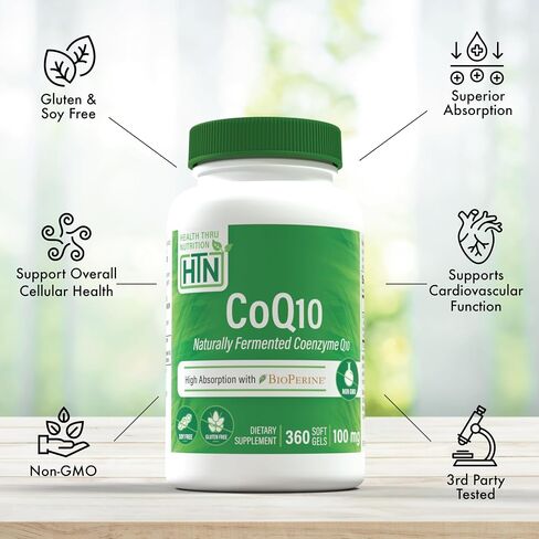 Health Thru Nutrition CoQ-10 100mg with BioPerine 120 Softgels | High Absorption Naturally Fermented USP Grade Coenzyme Q10 Supplement | 3rd Party Tested | Heart Health and Energy Support in Saudi Arabia