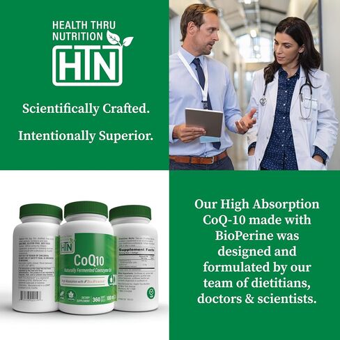 Health Thru Nutrition CoQ-10 100mg with BioPerine 120 Softgels | High Absorption Naturally Fermented USP Grade Coenzyme Q10 Supplement | 3rd Party Tested | Heart Health and Energy Support in Saudi Arabia