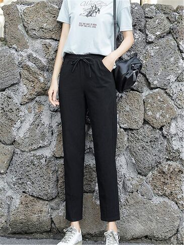 Andongnywell Womens Casual Cotton Linen Straight Leg Pants Loose Drawstring Elastic Waist Harem Pant with Pockets in Saudi Arabia