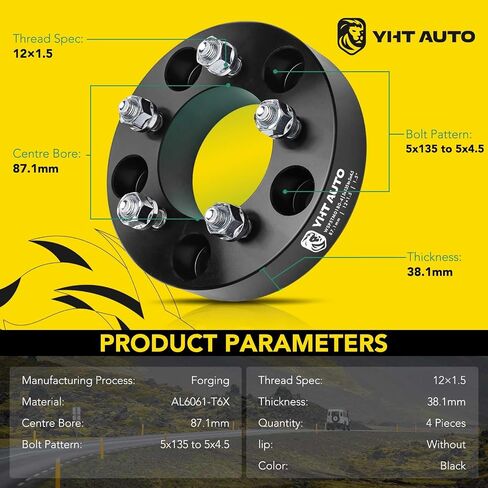 YHTAUTO 5x135 to 5x4.5 Wheel Adapters 1.5 inch Fit Ford, Lincoln Models, F-150 97-03, Expedition 97-02, Navigator 98-02, Blackwood 02, Wheel Spacers w/ M12x1.5 12.9 Studs, 87.1mm center bore 5Lug 2PCS in Saudi Arabia