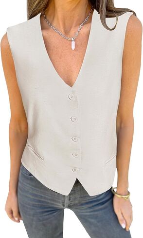 luvamia Womens Vests Linen Fashion Dressy Casual Lightweight Button Down Sleeveless Blazer Lined Work Waistcoat Vest Top in Saudi Arabia