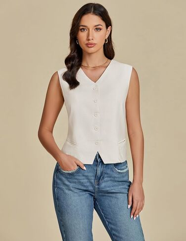 luvamia Womens Vests Linen Fashion Dressy Casual Lightweight Button Down Sleeveless Blazer Lined Work Waistcoat Vest Top in Saudi Arabia