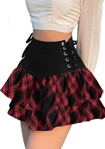 Womens Y2K تنورة القوطي عالية الخصر الدانتيل أعلى الطبقات مزدوجة الكشكشة الشرير Mini emo التنانير in Kuwait
