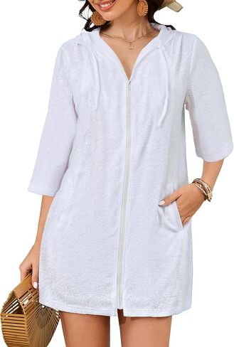 BSUBSEACH Terry Cloth Swim Coverup - Women Long Sleeve Wooded Swimsuit Coverup Zipper Beach Coverups أردية مع جيوب in Saudi Arabia