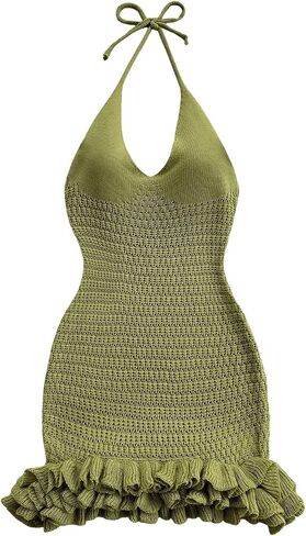Gorglitter Women's Crochet Halter Bubble Mini Dress Bow Summer Summer Bodycon متماسكة ملابس مهرجان مهرجان in Saudi Arabia