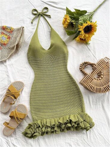 Gorglitter Women's Crochet Halter Bubble Mini Dress Bow Summer Summer Bodycon متماسكة ملابس مهرجان مهرجان in Saudi Arabia