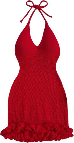 Gorglitter Women's Crochet Halter Bubble Mini Dress Bow Summer Summer Bodycon متماسكة ملابس مهرجان مهرجان in Saudi Arabia
