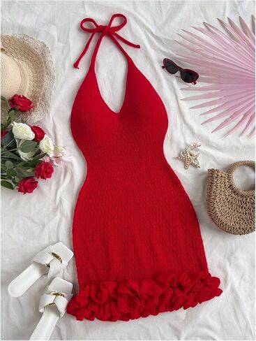 Gorglitter Women's Crochet Halter Bubble Mini Dress Bow Summer Summer Bodycon متماسكة ملابس مهرجان مهرجان in Saudi Arabia