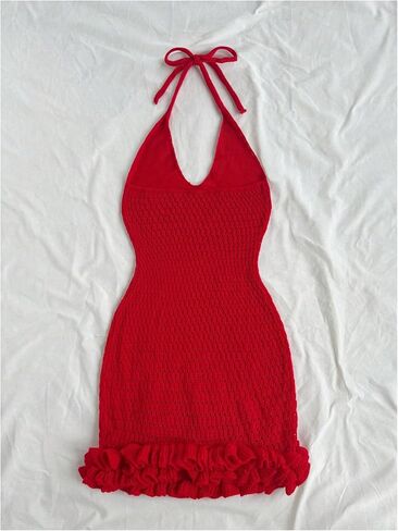 Gorglitter Women's Crochet Halter Bubble Mini Dress Bow Summer Summer Bodycon متماسكة ملابس مهرجان مهرجان in Saudi Arabia