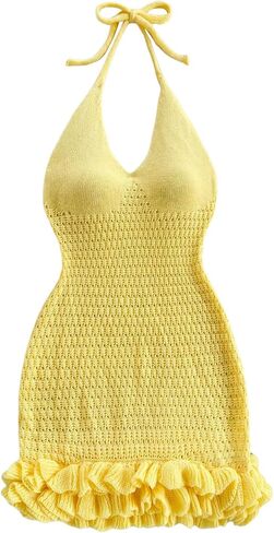 Gorglitter Women's Crochet Halter Bubble Mini Dress Bow Summer Summer Bodycon متماسكة ملابس مهرجان مهرجان in Saudi Arabia