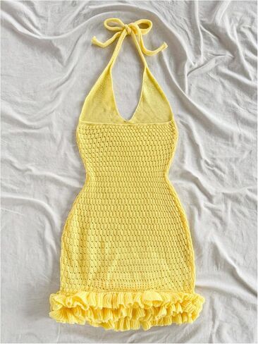 Gorglitter Women's Crochet Halter Bubble Mini Dress Bow Summer Summer Bodycon متماسكة ملابس مهرجان مهرجان in Saudi Arabia