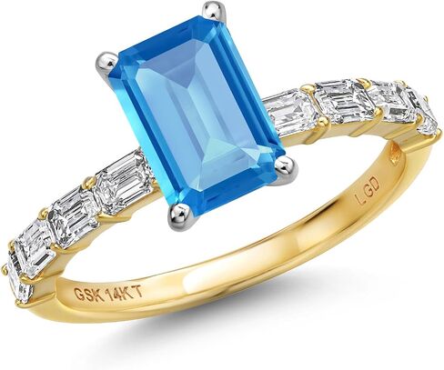 Gem Stone King 14K Two Tone Gold Gemstone Birthstone and Lab Grown Diamond Engagement Ring For Women | Emerald Cut 8X6MM and 3X2MM | Wedding Anniversary Ring | Available in Size 5,6,7,8,9 in Saudi Arabia