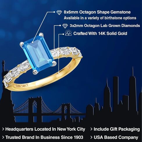 Gem Stone King 14K Two Tone Gold Gemstone Birthstone and Lab Grown Diamond Engagement Ring For Women | Emerald Cut 8X6MM and 3X2MM | Wedding Anniversary Ring | Available in Size 5,6,7,8,9 in Saudi Arabia