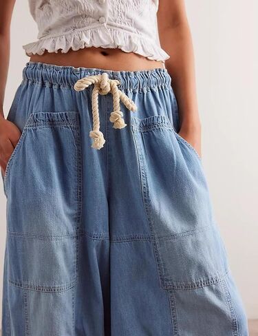 Hooever Women's Wide Leg Jeans Baggy Boyfriend Elastic Hem Denim Pants with Drawstring Waist in Kuwait