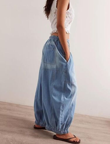 Hooever Women's Wide Leg Jeans Baggy Boyfriend Elastic Hem Denim Pants with Drawstring Waist in Kuwait