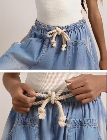 Hooever Women's Wide Leg Jeans Baggy Boyfriend Elastic Hem Denim Pants with Drawstring Waist in Kuwait
