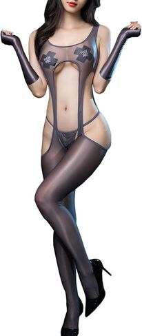 SINROYEE Women's Shiny Pantyhose Fishnet Bodystocking Plus Size Crotchless Bodysuit Sexy Tights Soft Nightwear Lingerie in Saudi Arabia