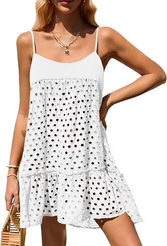 Saodimallsu Womens Crochet Cover Up Summer Spaghetti Strap Hollow Out Fringe Tie Back Beach Coverup Cami Dress in Saudi Arabia