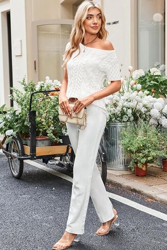 Cakulo Womens Cable Knit Off The Shoulder Sweaters Tops Short Sleeve Crew Neck Pullover Sweater 2025 in Saudi Arabia