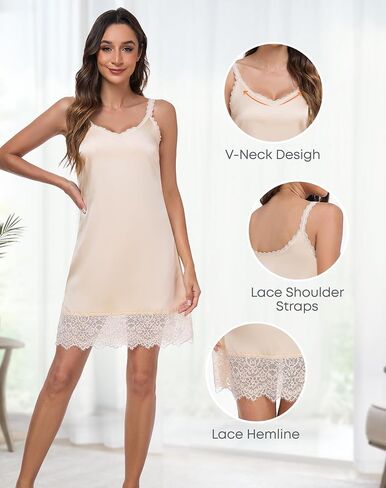 Stain Full Slip for Women Under Dresses Lace Trim Underdress Slip Nightgown V Neck Sleepwear in Saudi Arabia
