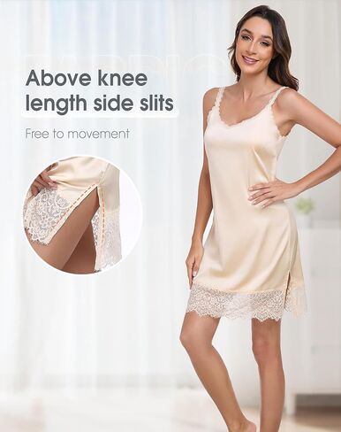 Stain Full Slip for Women Under Dresses Lace Trim Underdress Slip Nightgown V Neck Sleepwear in Saudi Arabia