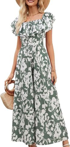 Gardenwed Women's Floral Wide Leg Jumpsuit, Ruffle Short Sleeve Square Neck Summer Casual Palazzo Romper with Pockets in Saudi Arabia