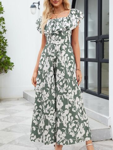 Gardenwed Women's Floral Wide Leg Jumpsuit, Ruffle Short Sleeve Square Neck Summer Casual Palazzo Romper with Pockets in Saudi Arabia