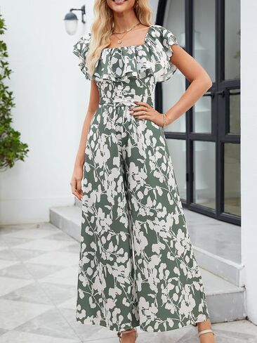 Gardenwed Women's Floral Wide Leg Jumpsuit, Ruffle Short Sleeve Square Neck Summer Casual Palazzo Romper with Pockets in Saudi Arabia