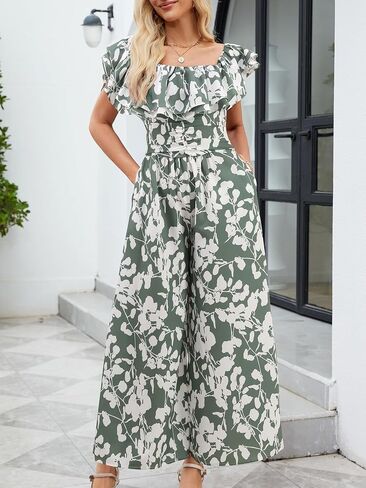Gardenwed Women's Floral Wide Leg Jumpsuit, Ruffle Short Sleeve Square Neck Summer Casual Palazzo Romper with Pockets in Saudi Arabia