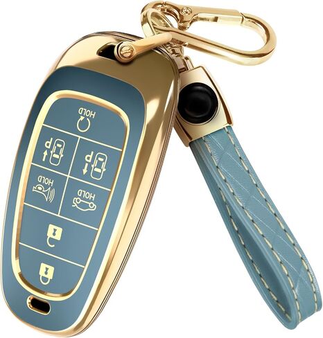 Lucrum Compatible with Hyundai IONIQ 6 Key Fob Cover & Leather Keychain, 7 Buttons TPU Keyfob Case for Santa Fe, Grandeur, KONA, Elantra (2022-2025) - White and Gold in Saudi Arabia