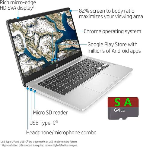 HP Chromebook 14-inch HD Laptop, Intel Celeron N4000, 4 GB RAM, 32 GB eMMC, Chrome (14a-na0010nr, Mineral Silver) (Renewed) in Saudi Arabia