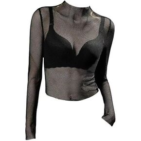 Black Fishnet Mesh Top for Women Sexy Long Sleeve Crop Shirt Gothic Lingerie Trendy Netted Undershirt Mermaid Style