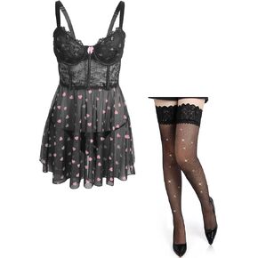 ohyeah Small Holes Fishnet Stockings Bundle with Sweet Underwire Lingerie Dress and thong Black XL