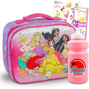 Disney Princess Lunch Bag for Girls - Bundle with Lunch Box Featuring Belle, Ariel, Rapunzel, Jasmine, Pocahontas Plus Stickers, Water Bottle, More | Disney Princess Lunchbox Set for Kids