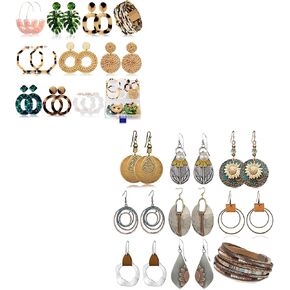 FIFATA 17 Pairs Boho Vintage Earrings AND 2 Leather Wrap Bracelets for Women