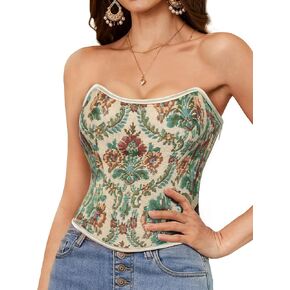 Scarlet Darkness Corset Tops for Women Renaissance Floral Lace Up Corset Boned Strapless Tops