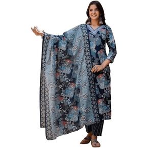 Bollywood Style Printed Kurti Pant Dupatta Set Indian Women Salwar Kameez Suit Dress Dark Blue
